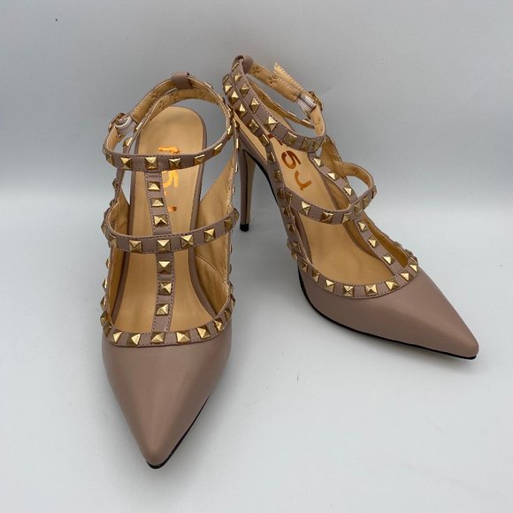 FSJ Nude Studs Shoes Slingback T Strap Stiletto - Picture 3 of 9